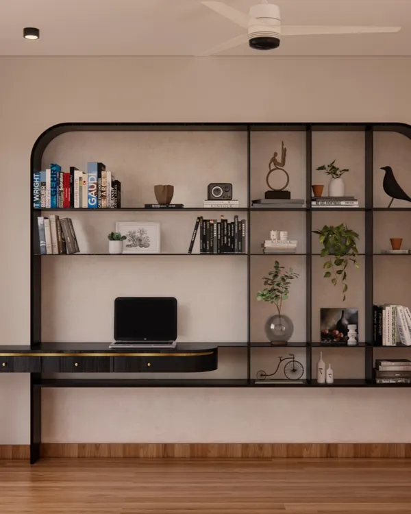 This integrated study unit is designed for a young man's bedroom, providing space for everything he needs. The sleek black desk and bookshelf are built as one cohesive piece, with a textured wall behind it adding depth and character.