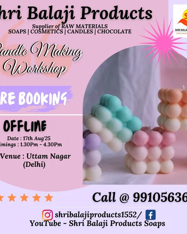 Join my offline candle making workshop in Uttam Nagar, Delhi. This poster gives you a glimpse of the trendy bubble candles we learn to make. Pre-booking is essential as I keep my batches small for personal attention.