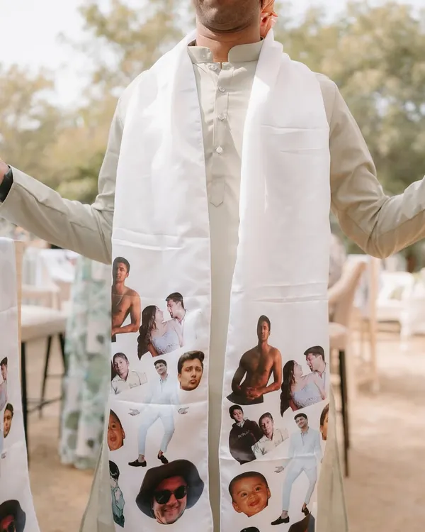 This is personalization at its best. We created custom stoles for the groomsmen featuring a collage of the groom's photos, from baby pictures to gym selfies, for a quirky and unforgettable keepsake.