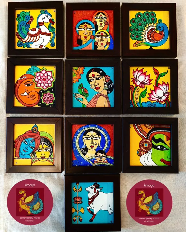A collection of my 'Mini Beauties', 5x5 inch tabletop paintings perfect for gifts. This set includes a variety of subjects, from Ganesha and Radha Krishna to Pichwai cows and Jamini Roy inspired figures, each one a small treasure.