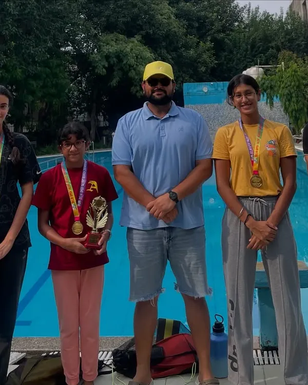 The team after a successful outing at India's Biggest Invitational Swim Meet. We bagged 17 medals and two 'Best Swimmer' trophies, but the happy faces and personal bests were the real prize.