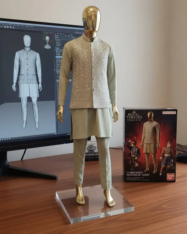 Our design process combines tradition with innovation. Here, a sage green kurta set with an embroidered Nehru jacket is shown next to its digital 3D model, illustrating how we plan every detail before crafting the final piece.