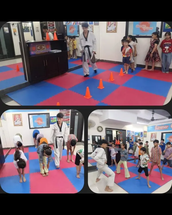 A glimpse into our taekwondo class during summer camp. Students learn discipline by bowing to their instructor, practice agility with cone drills, and develop their stances and kicks in a structured environment.