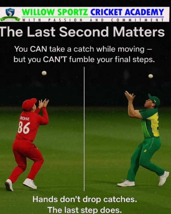 An infographic explaining that dropped catches often happen because of poor footwork in the final steps. We teach that hands don't drop catches, the last step does.