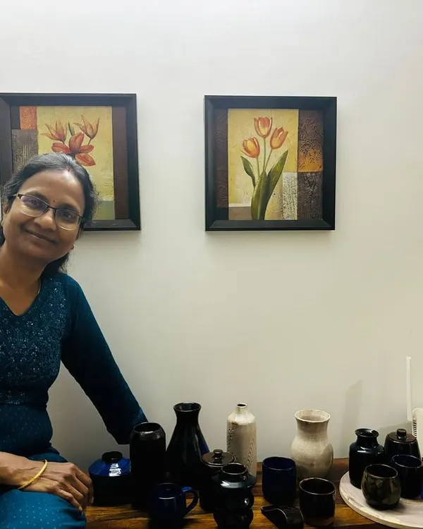This is Anitha, who started her journey with us full of doubt but has grown into a confident potter. She now has her own small studio space and her beautiful collection of work is an inspiration to us all.