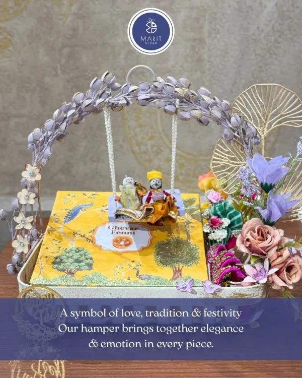 This Teej, gift a token of tradition wrapped in elegance. My handcrafted hamper features a miniature swing, a box of Ghewar, mehendi, and bangles, making it a complete bundle of festive warmth.