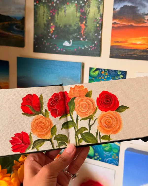 Good things take time. This is a small gouache painting of red and peach roses in my sketchbook, a simple study of colors and petals.