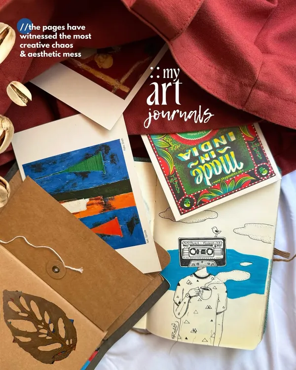 A look inside my art journals. These pages have witnessed my most creative chaos and aesthetic messes, serving as the starting point for many of my digital creations.