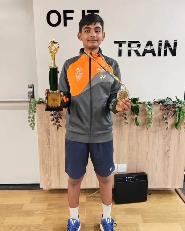 Here is Jashwant, the U-13 Badminton National Champion, with his trophy and medal. This victory is a testament to his hard work and the effectiveness of our cross-sport athletic performance program.