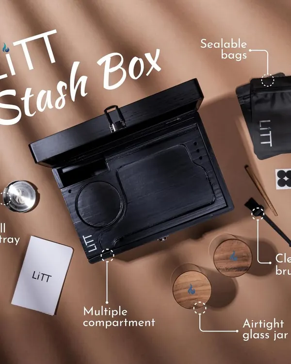A detailed flat lay for the LIIT Stash Box, clearly annotating each feature like the multiple compartments, airtight glass jar, and sealable bags. This infographic style is highly effective for e-commerce listings and social media marketing, making product benefits immediately clear to the customer.