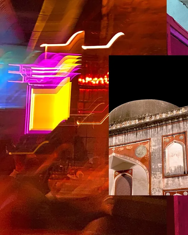 Cocktails and history, shaken and stirred. This collage captures the vibe of Hauz Khas Social in Delhi, where neon lights and modern nightlife meet ancient ruins.