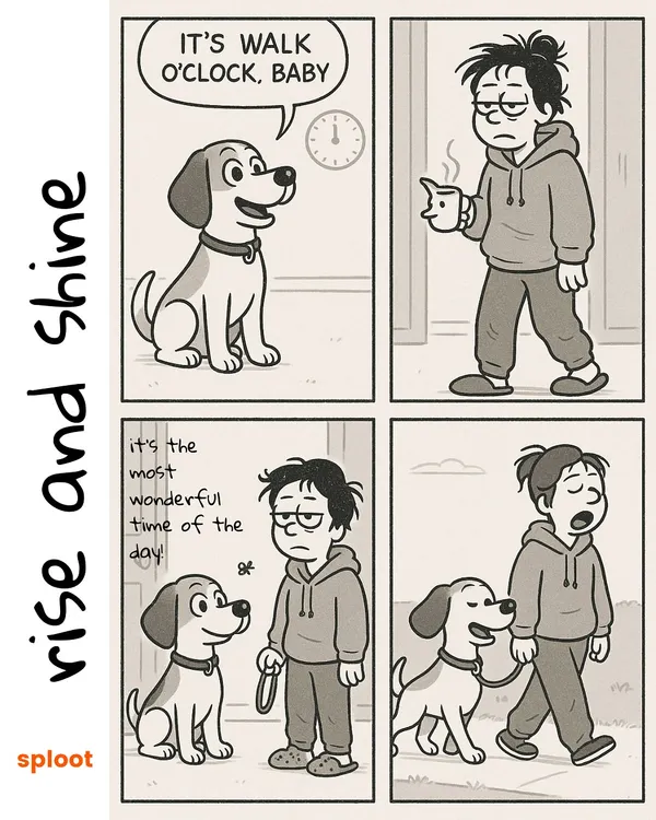 It's walk o'clock, baby! This comic perfectly captures the pre-coffee morning routine of every dog parent, powered by pure doggo enthusiasm.