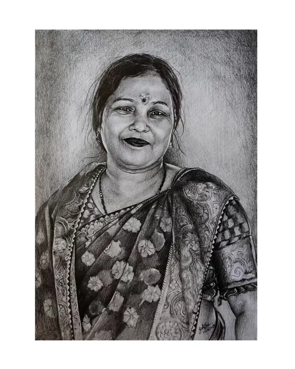 A finished A4 graphite sketch capturing a warm, gentle smile. The soft shading in the background helps the portrait stand out, and I paid close attention to the fabric details of her saree.