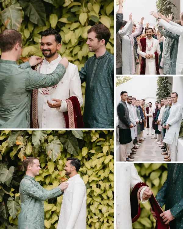 A collage showing the groom getting ready with his groomsmen, capturing moments of friendship and support before the ceremony.