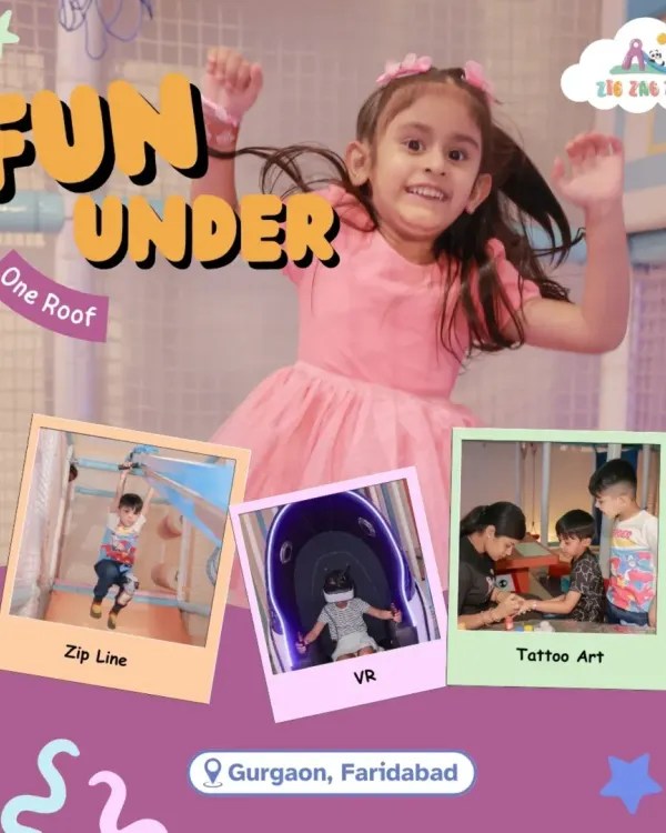 A collage showcasing all the fun under one roof. It highlights some of our most popular activities like the zip line, VR games, and tattoo art.