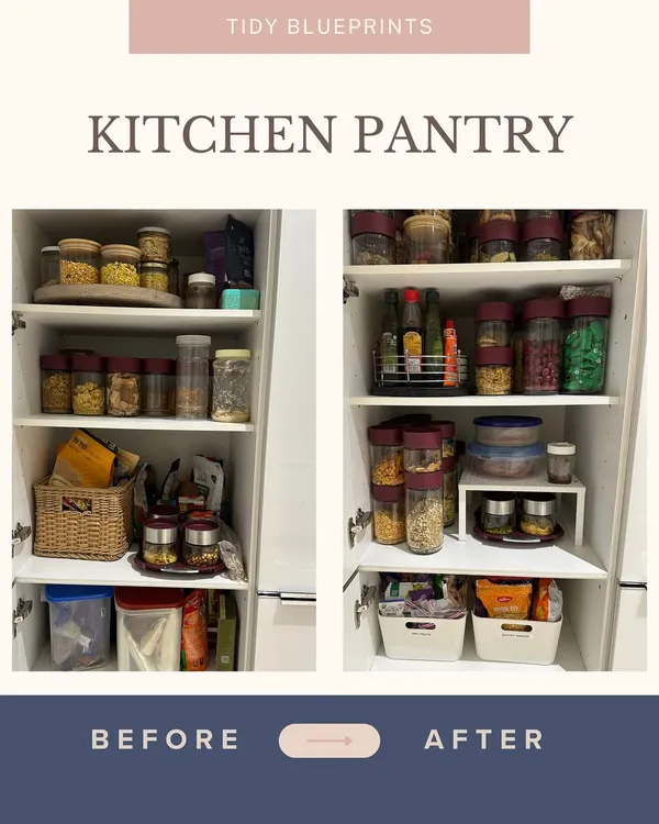 From chaos to calm, one pantry shelf at a time. We used shelf risers, labeled bins, and a lazy susan to give every item a dedicated space, making daily cooking quicker and less stressful.