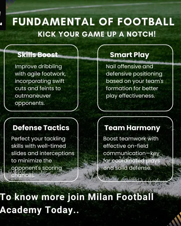 This graphic outlines the four pillars of our training program: skills boost, smart play, defense tactics, and team harmony. We focus on developing well-rounded players who are effective in every aspect of the game.