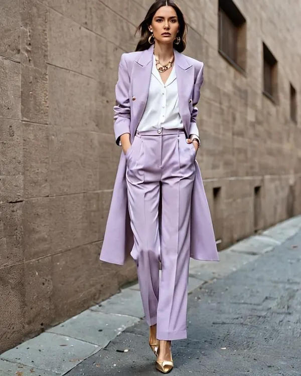 An AI-generated concept of a lavender power suit with a matching longline coat. This 'Soft Power' look explores a more feminine and modern take on traditional formalwear for women.
