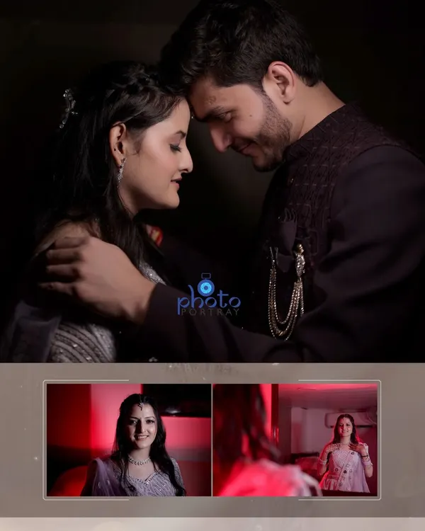 An intimate and romantic couple portrait, perfect for an engagement album. We use low-key lighting to create a moody and personal feel.