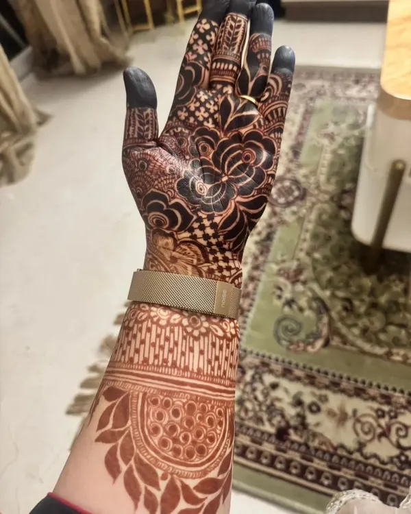 The beautiful dark stain of a fresh henna design after the paste has been on for a few hours. This is the first stage of the color development.