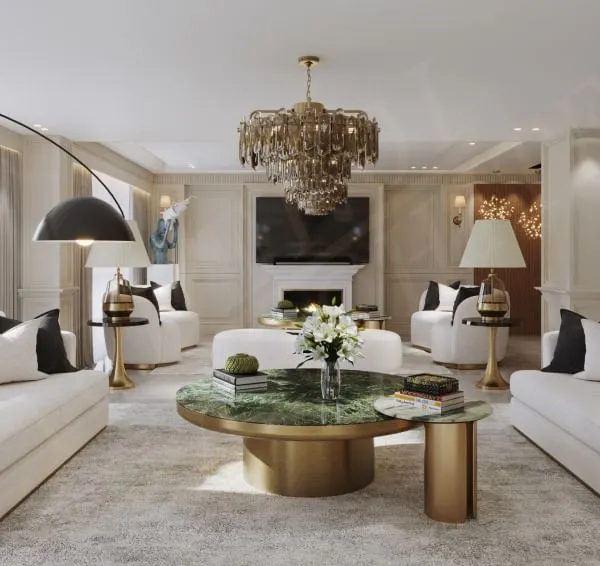 This is where elegance resides. We designed this expansive living room with a pristine white palette, accented by luxurious green marble and brushed gold. The space is bathed in natural light, creating an atmosphere that is both grand and inviting, perfect for sophisticated entertaining and quiet reflection.