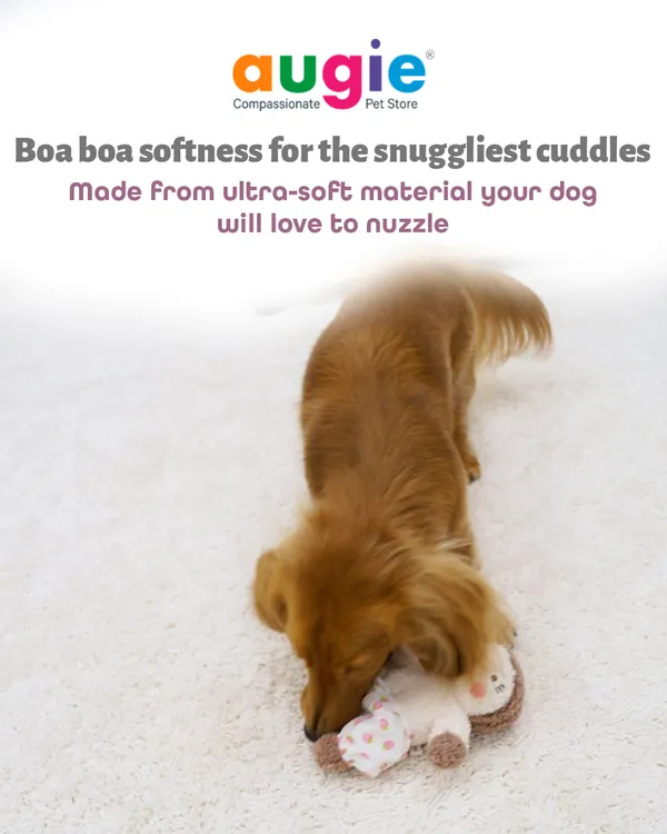 This adorable Hug Squirrel toy is made from an ultra-soft "boa boa" material that your dog will love to nuzzle. It's the perfect cuddle buddy for nap time.