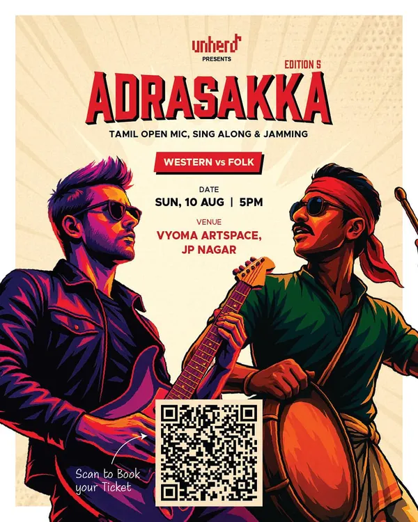 The electrifying poster for "Adrasakka - Edition 5," a Tamil open mic and jamming session where Kuthu folk energy clashes with Western beats.