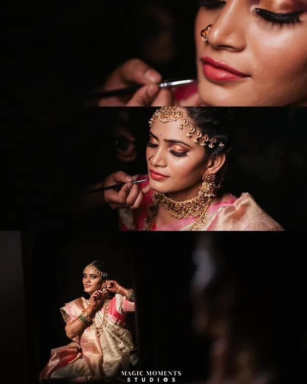A collage of the bride's getting ready moments. I use dramatic lighting to create artistic and intimate portraits that focus on the final touches.