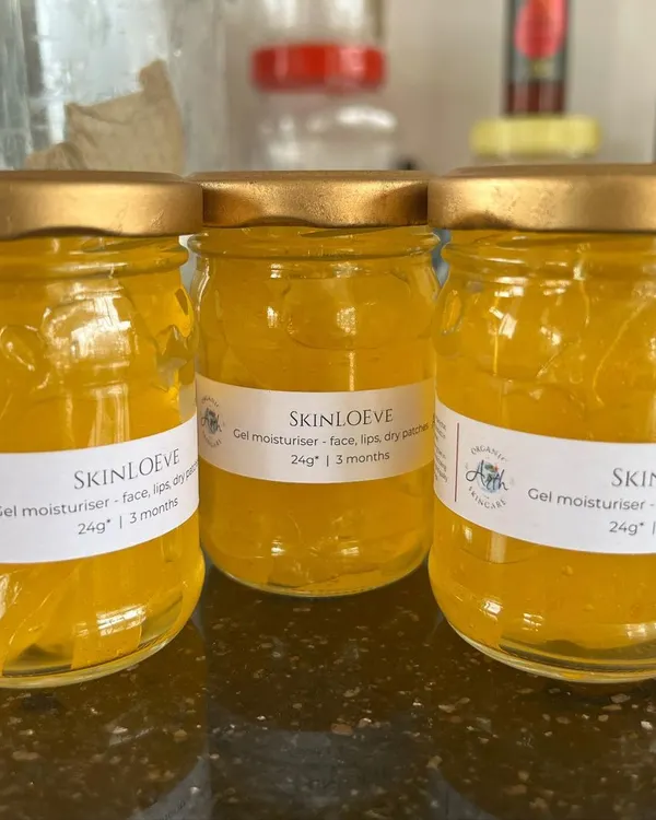 My SkinLOEve gel moisturizer, made with homegrown aloe vera. These jars are filled with 250g of pure, hydrating goodness for your face, lips, and any dry patches.