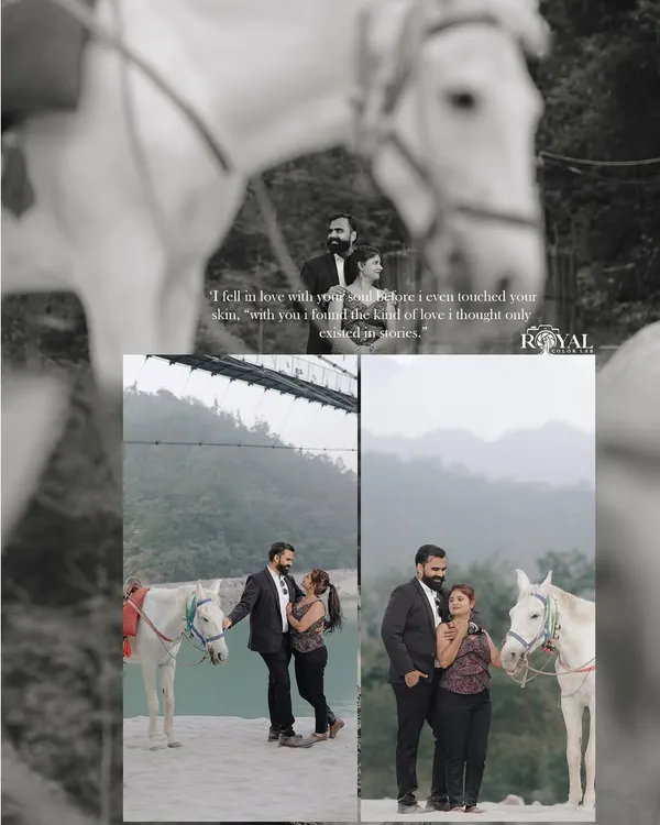 A collage featuring a couple with a white horse by the river, creating a beautiful and romantic fairytale scene.