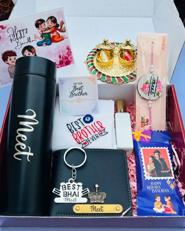 A fully loaded Rakhi hamper for the 'Best Bhai'. This box includes a personalized water bottle, wallet, and keychain, along with a custom photo chocolate, perfume, and a beautiful rakhi.