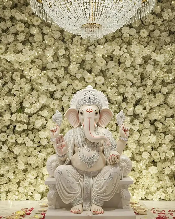 I create serene and luxurious atmospheres for welcoming Bappa. This all-white theme uses a dense wall of fresh white roses and a stunning crystal chandelier to create a space that feels both grand and divine, perfect for your Ganpati celebrations at home.