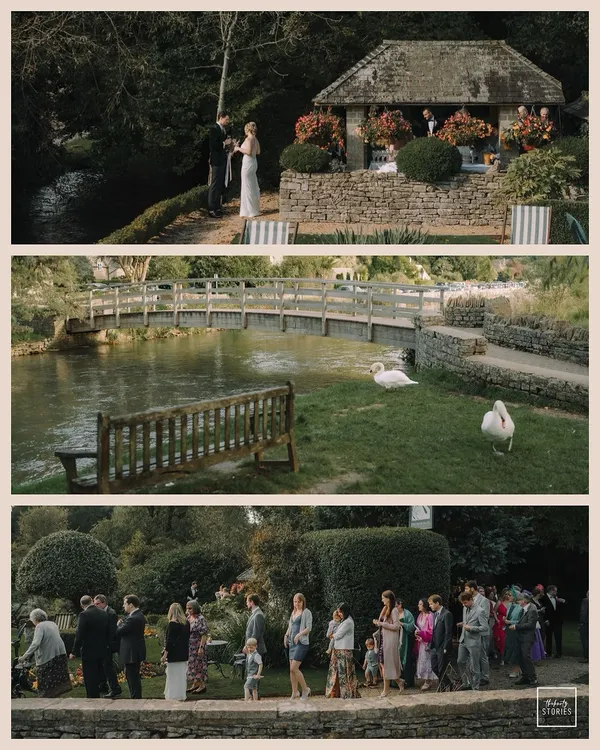A collage capturing the idyllic scenery of a countryside wedding in Bibury, UK. From the charming stone bridge to the swans on the river, it perfectly sets the scene for a fairytale celebration.