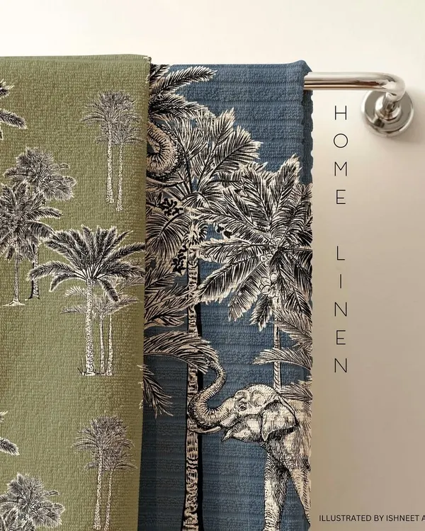 My 'Trunk Tropica' design printed on home linens. The detailed, monochrome illustration of elephants among palm trees adds a sophisticated yet natural feel, perfect for creating a tranquil atmosphere in your home.