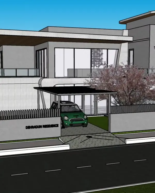 A 3D concept model for an upcoming farmhouse project in Dehradun. The design features a contemporary aesthetic with sharp, angular lines, large glass windows to capture scenic views, and a cantilevered roof over the carport, creating a modern retreat in a natural setting.