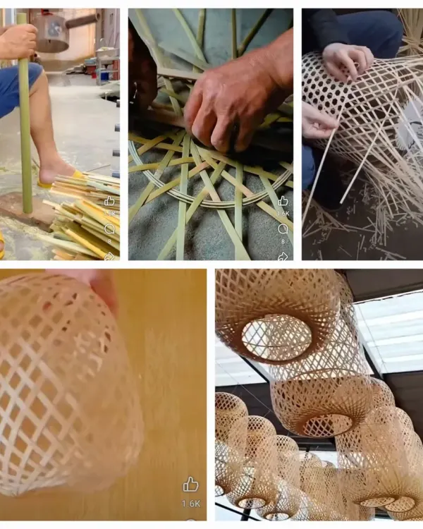 This collage provides a behind-the-scenes look at our crafting process. From splitting raw bamboo stalks to the intricate hand-weaving by our skilled artisans, each step is a testament to the dedication and tradition that goes into every one of our finished lighting pieces.