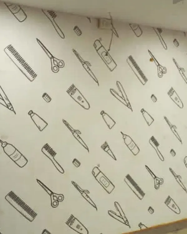 A fun and stylish wallpaper for a hair salon, featuring a pattern of scissors, combs, and other styling tools. This is a great way to reinforce your brand and create a themed environment.