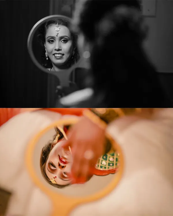 A creative diptych of the bride looking into a hand mirror, one shot in black and white and the other in warm color, capturing her reflective moments.