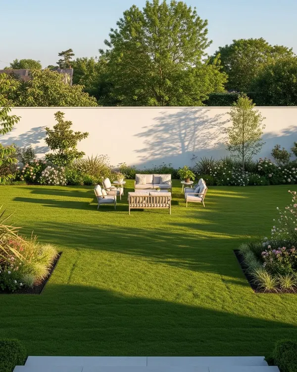 A wide view of a formal residential garden with a perfectly cut lawn. The design features symmetrical flower beds, a clean white boundary wall, and a designated seating area for a balanced and elegant look.