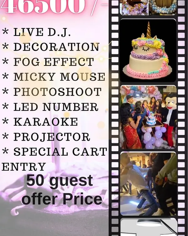 This graphic details our comprehensive party package for 50 guests. It includes a live DJ, decoration, fog effect, Mickey Mouse, a photoshoot, karaoke, and a special cart entry, all for one offer price.