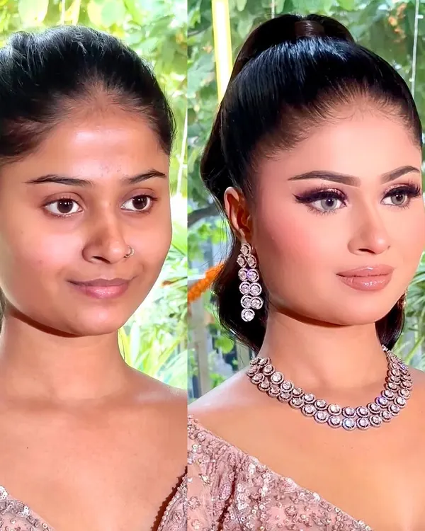I am obsessed with this full glam engagement look. The transformation is stunning, with a focus on creating a sculpted face, dramatic eyes, and a flawless, dewy finish.