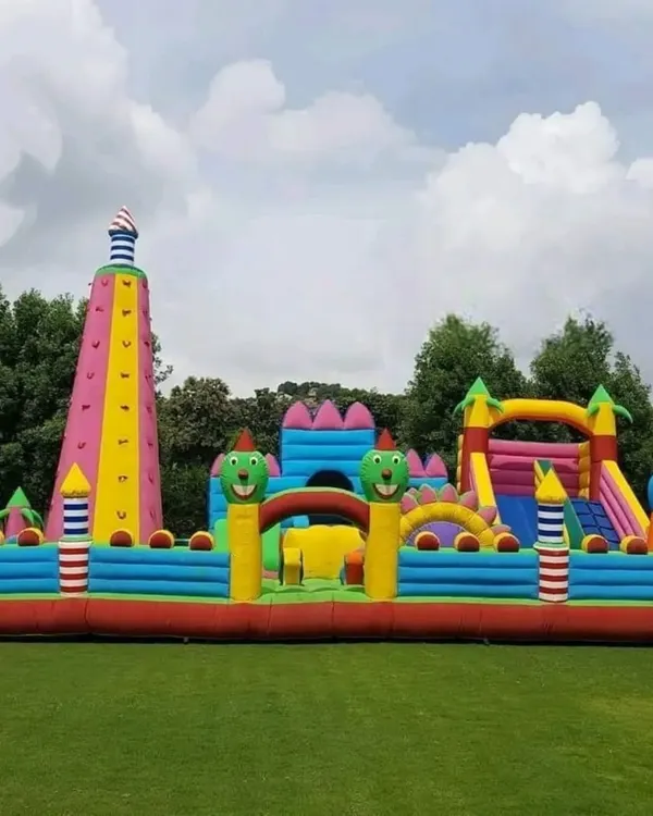 This is one of our biggest setups, an inflatable obstacle course perfect for large grounds and school events. You can see it has everything: a climbing tower, tunnels, and slides to keep dozens of kids busy and happy for hours.