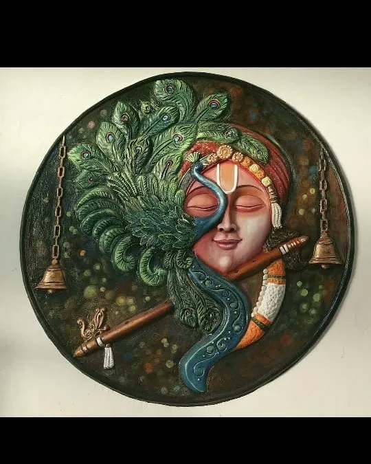 This finished and painted cement mural of Lord Krishna is an example of how my sculptures can become a vibrant, spiritual centerpiece in your home. I focus on capturing a divine, peaceful expression, complete with intricate details like the peacock feather and flute.