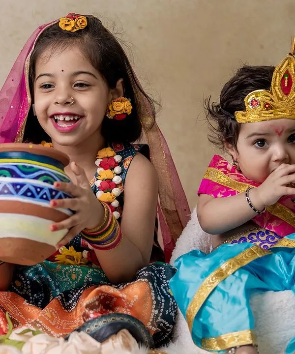 The bond between siblings is so special. Here, I captured a beautiful moment between a sister dressed as Radha and her baby brother as Krishna during a Janmashtami home photoshoot.