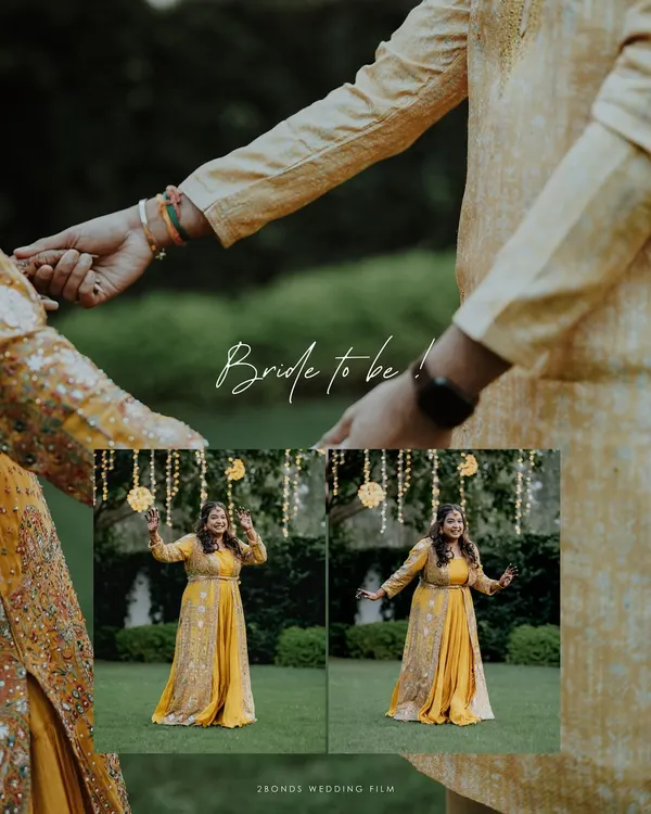 A creative collage showing the bride-to-be in her yellow Haldi outfit, combined with a close-up of the couple holding hands.
