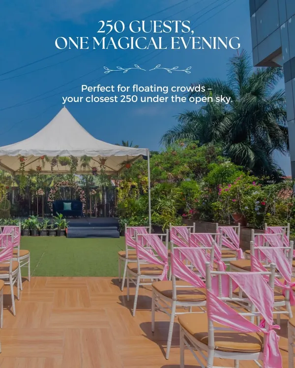 The Terrace Garden is perfect for a magical evening with up to 250 floating guests, featuring elegant seating and a canopied stage.