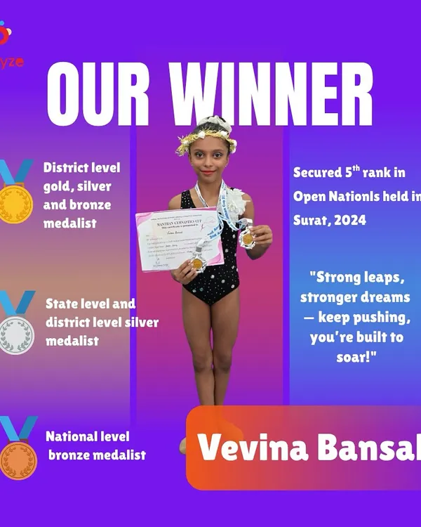 Meet our winner, Vevina Bansal. Her collection of district, state, and national medals is a testament to her incredible hard work and the high-level competitive gymnastics training we provide.