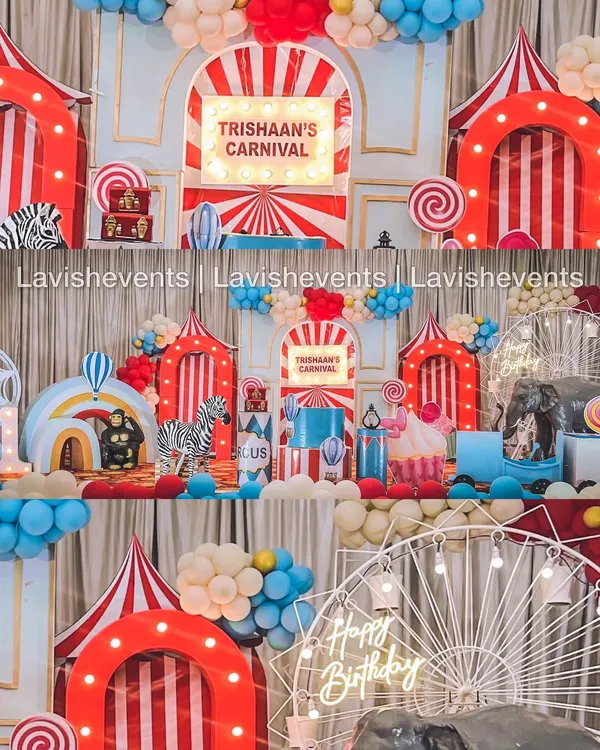 A collage showcasing the incredible detail of Trisha's Carnival party, with circus tents, a custom popcorn cart, animal props, and a light-up sign.