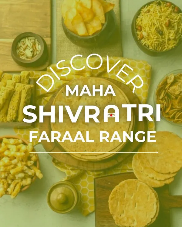Discover my Maha Shivratri Faraal range. This image is a beautiful collage of all my fasting-approved snacks, from chips and sticks to chivda and bhakri.