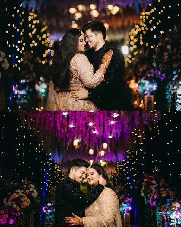 A collage of romantic moments under a sky of twinkling lights. These portraits capture the couple's deep connection, with the bokeh effect of the lights adding a magical, dreamlike quality to their embrace.